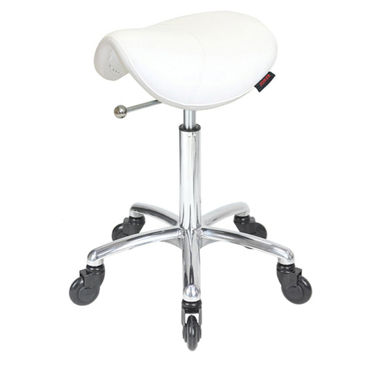 Saddle Stool No Back White - Chrome Base - Click'n Clean Castor Wheels