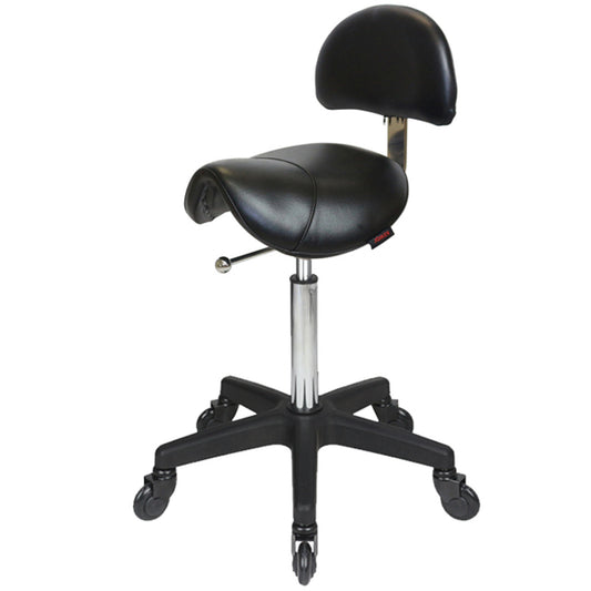 Saddle Stool with Back Black - Black Base - Click'n Clean Castor Wheels