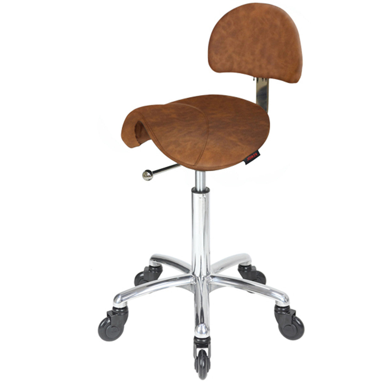 Saddle Stool with Back Tan - Chrome Base - Click'n Clean Castor Wheels