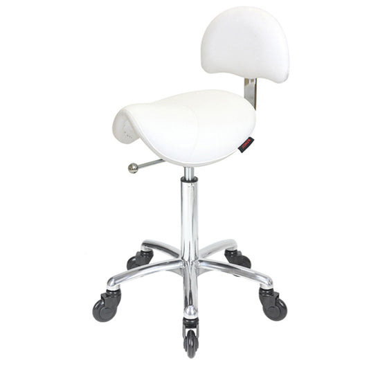Saddle Stool with Back White- Chrome Base - Click'n Clean Castor Wheels