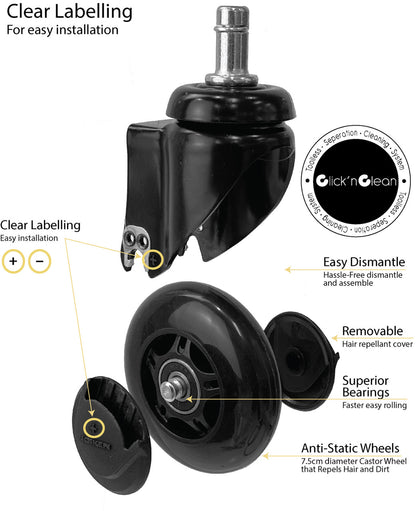 Dove Stool Black- Chrome Base - Click'n Clean Castor Wheels